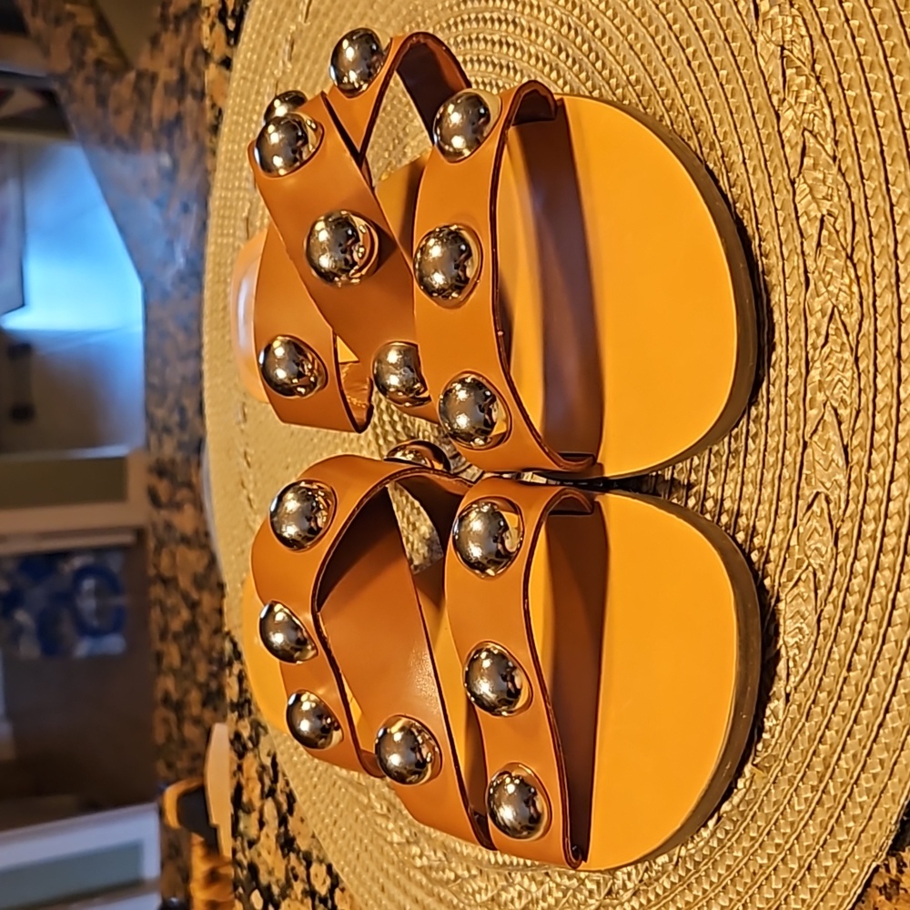 Marc Fisher backless,studed tan sandals